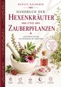 "Handbuch der Hexenkräuter und Zauberpflanzen" von Renate Kauderer. Mörser, Kräuter und Fläschchen dekorativ arrangiert.