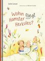 "Wohin fliegt Hamster Herkules?" Kinderbuch-Cover mit einem Großvater und drei Kindern im Bett, umgeben von Blumen.