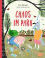 "Chaos im Park" steht groß im Vordergrund. Ein Einhorn isst, während ein anderes Wesen Müll aufsammelt. Bäume und Schmetterlinge sind zu sehen.