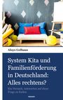 "System Kita und Familienförderung in Deutschland: Alles rechtens? Ein Versuch, Antworten auf diese Frage zu finden" steht auf einem Buchcover. Rückansicht eines Raumes mit Sofa, Kissen und Kinderspielzeug.