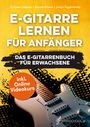 Titel: "E-Gitarre lernen für Anfänger". Gelbes Cover mit E-Gitarre, Texturen und Hinweis auf Online-Videokurs.