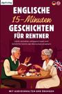 Text: "Englische 15-Minuten Geschichten für Rentner". Zwei ältere Personen beim Teetrinken, eine Frau hält eine UK-Flagge.