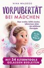 "VORPUBERTÄT BEI MÄDCHEN", Illustration: Mädchen mit Kopfhörern, Musiknoten, Herzen, Text für Elternratgeber.