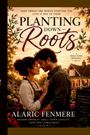"Planting Down Roots" von Alaric Fenmere: Ein Paar steht sich innig gegenüber vor einem Haus bei Sonnenuntergang.