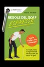 „Regole del Golf Espresse“. Ein Mann in Golfausrüstung zeigt auf einen Ball. Links oben ein Logo mit Haken.