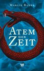„Atem der Zeit“, Marlis Bader. Eine rote Schlange beißt sich in den Schwanz vor blauem Hintergrund.