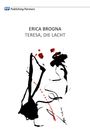 "ERICA BROGNA, TERESA, DIE LACHT." Oben links ein blau-rotes Logo. Abstrakte schwarze und rote Pinselstriche.