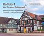 „Roßdorf das Tor zum Odenwald“ Text über zwei Fachwerkhäusern mit roten Dächern.