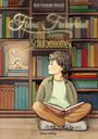 "Fabu Federkiel und das Geheimnis der Schulbibliothek" in einem Regal. Ein Junge sitzt lesend davor.