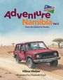 „Adventure Namibia Vol 2: From the Desert to Etosha.“ Illustration: Roter Jeep in Wüstenlandschaft mit drei Personen.