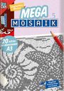 Text: „Logisches Malen“, „Mega Mosaik“, „20 Rätsel im Großformat A3“, „English instruction enclosed“.  
Illustration: Ein Mosaik und roter Bleistift.