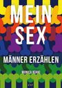 "MEIN SEX MÄNNER ERZÄHLEN MONICA BÜRKLI" vor buntem Hintergrund aus versetzten Formen.