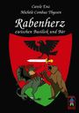 "Rabenherz zwischen Basilisk und Bär"; schwarzer Rabe, Schwert, kämpfender Drache und Bär auf einem Wappen.