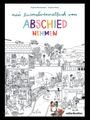 "Mein Ausmalwimmelbuch vom Abschied Nehmen." Kinder spielen, Erwachsene interagieren, einige mit Musikinstrumenten.