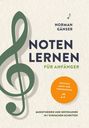 "Noten lernen für Anfänger" - Inklusive Audio- und Videobeispiele. Illustration: großer grüner Notenschlüssel.