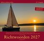 Text "edition richtwoorden 25. Ausgabe" oben, "Richtwoorden 2027" und "Losungen 2027" unten. Silhouette eines Segelboots im Sonnenuntergang.