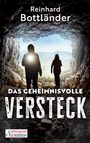 "Das geheimnisvolle Versteck" von Reinhard Bottländer. Zwei silhouettierte Figuren in einer Höhle, Licht in der Ferne.
