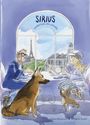 Text: "SIRIUS DIEBSTAHl IM LOUVRE". Illustration: Zwei Menschen, zwei Hunde, Blick auf Eiffelturm durch ein Fenster.