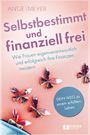 „Selbstbestimmt und finanziell frei“ in großen Buchstaben. 
Farbige Schmetterlinge aus Papier auf einem rosa Hintergrund.