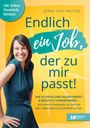Inkl. Online-Persönlichkeitstest. „Endlich ein Job, der zu mir passt!“ Frau im blauen Kleid lächelnd vor gelbem Hintergrund.