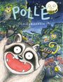 "POLLE COMIC MAGAZIN #14". Ein fröhlicher Waschbär in einem Wald, umgeben von Eulen und Fledermäusen bei Nacht.