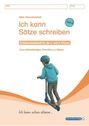 Text: "Ich kann Sätze schreiben", "Schülerarbeitsheft für die 2. und 3. Klasse". Illustration: Kind auf einem Roller.