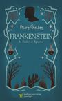 "Mary Shelley, Frankenstein, In Einfacher Sprache" steht über einem stilisierten Friedhof mit Grabsteinen und einer Hand.