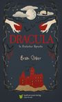 „Dracula – In Einfacher Sprache“ Bram Stoker. Illustration: Hände mit Rosen, Fledermäuse, Mond, rotes Schloss.