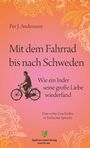 "Mit dem Fahrrad bis nach Schweden. Wie ein Inder seine große Liebe wiederfand." Illustration: Mann auf Fahrrad, florale Muster.