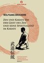 Buchtitel: Zen und Karate-Do. Illustration: Mensch im Kimono in Meditationshaltung. Japanische Schriftzeichen.