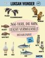 Text oben: "Luksan Wunder, garantiert KI-frei".  
Groß in der Mitte: "366 Tiere, die man leicht verwechselt".  
Unten: "Immerwährend, der Kalender".  
Links: Pelikan, Pelikanndochnicht, Heilbutt, Kaputtbutt.  
Rechts: Jaguar, Neinguar, Ratte, Karatte.  
Unten: Gans, Halb, Hai, Ciao.  
Logo unten rechts: "Satyr".