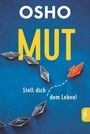 OSHO, MUT, Stell dich dem Leben! Origami-Boote auf blauem Hintergrund. Ein rotes Boot weicht von den anderen ab.