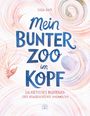 "Mein bunter Zoo im Kopf" in blauen Lettern, umgeben von spiralförmigen, bunten Illustrationen und Tieren.