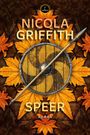 "NICOLA GRIFFITH SPEER ROMAN" steht über einem Schild mit gold-schwarzem Muster, umgeben von orangen Blättern.