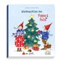 "Weihnachten bei Pippa & Pelle", Daniela Drescher. Illustration: Zwei Figuren dekorieren einen Weihnachtsbaum mit Geschenken darunter.