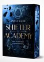"Annie Waye, Shifter Academy, Die Akademie der Anderen." Dunkles, mystisches Design mit Federn und floralen Mustern.