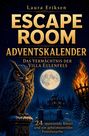 "ESCAPE ROOM ADVENTSKALENDER: Das Vermächtnis der Villa Eulenfels. 24 spannende Rätsel und ein geheimnisvolles Familienerbe." Eine Eule sitzt auf einem Sockel vor einem verschneiten Anwesen.
