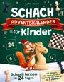 „Schach Adventskalender für Kinder“, „Schach lernen in 24 Tagen“. Illustration eines fröhlichen Eichhörnchens mit Schachfigur.