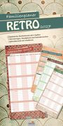 Familienplaner Retro 2027. Optimiertes Streifenformat. Monate September, April, Mai 2027 mit dekorativen Mustern.