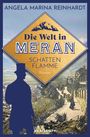 Text: "Die Welt in Meran", "Schatten Flamme", "Roman", "Angela Marina Reinhardt", "BREITKOPF". Silhouette eines Mannes vor historischer Stadtansicht.