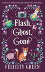 "Flash, Ghost, Gone" von Felicity Green, umrahmt von Blumen, Kamera, Katze, Tasse und Kerzen.