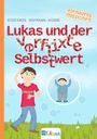 Titel: "Lukas und der verflixt Selbstwert". Illustration: Junge in rotem Shirt, viele Blasen und Wiese. Logo: Adenauers Missionen.