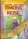 Titel: "Timons Reise". Autoren: Ingrid Schulz, Bernd Lehmann. Zwei Personen umarmen sich auf einer Brücke in einer malerischen Landschaft.