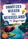 Buchcover mit einem Kiwi-Vogel am See, Neuseeland-Flagge und blühender Landschaft. Humorvoller Titel und Quiz-Ankündigung.