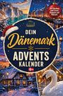 „Dein Dänemark Adventskalender“ mit Winterlandschaften: Klippen, Hafen, Haus, Leuchtturm, Schwan. Weihnachtlicher Stil.