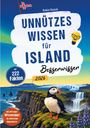 "Unnützes Wissen für Island Besserwisser 2026; mit 222 Fakten." Illustration: Papageitaucher auf Klippe, Wasserfall, Regenbogen.
