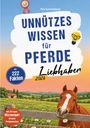 "Unnützes Wissen für Pferdeliebhaber 2026" mit 222 Fakten. Illustration: Pferd an einem Zaun auf einer Blumenwiese.
