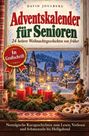 „Adventskalender für Senioren: 24 heitere Weihnachtsgeschichten von früher.“ Illustration: Winterliche Dorfszene, Kerzen.