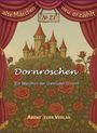 Text: "alte Märchen neu erzählt", "Nr. 21", "Dornröschen", "Ein Märchen der Gebrüder Grimm", "Abenteuer Verlag". Illustration: Schloss und Rosen.