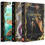Drei Fantasy-Buchcover zeigen Drachen und Krieger. Auf jedem Cover sind goldene, verzierte Rahmen.